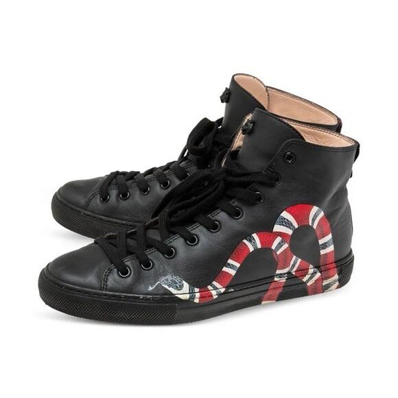 Gucci Kingsnake Black Leather High Top Sneakers US 6.5 Mens Calfskin